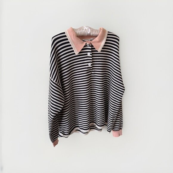THE UPSIDE Wonder Knit Polo Collared Navy White Stripe Oversized Large Pink - Picture 1 of 8